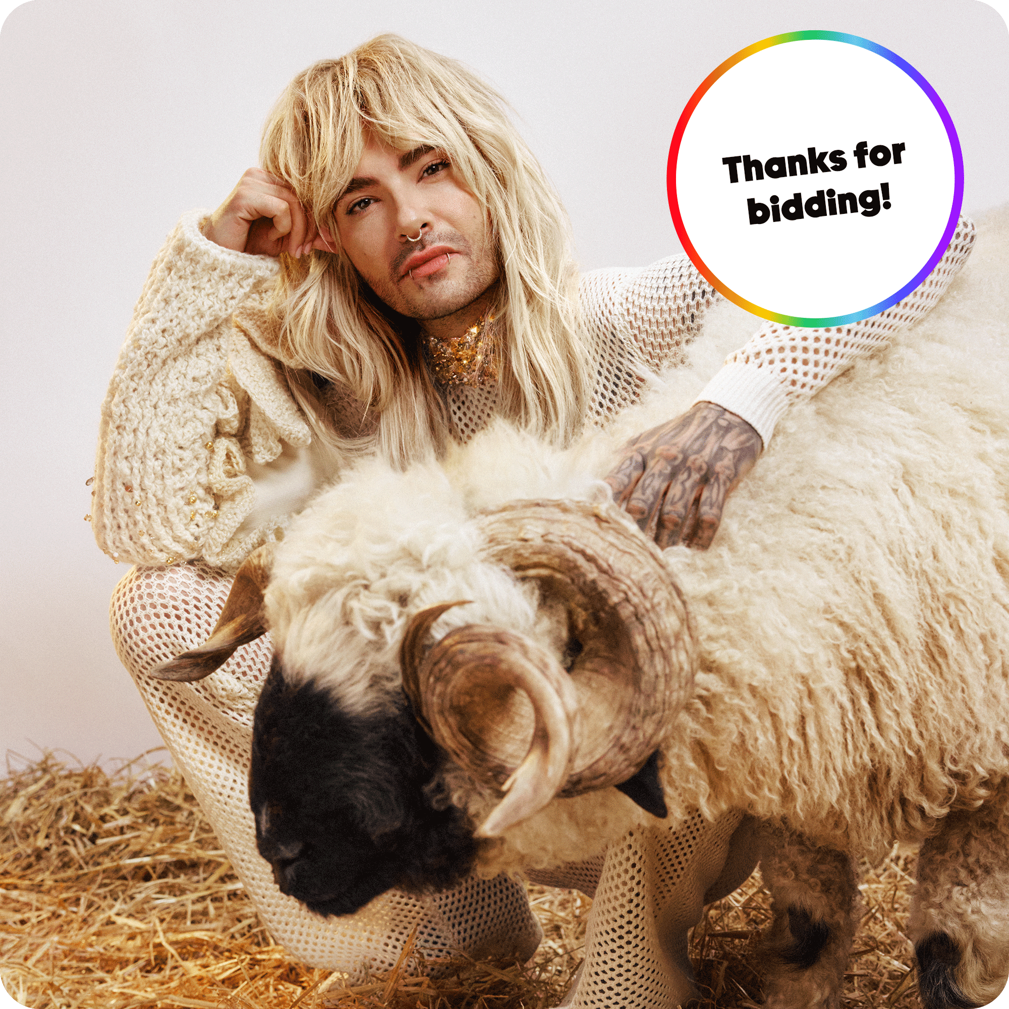 Bill Kaulitz with gay sheep. A Text says: Thanks for bidding!